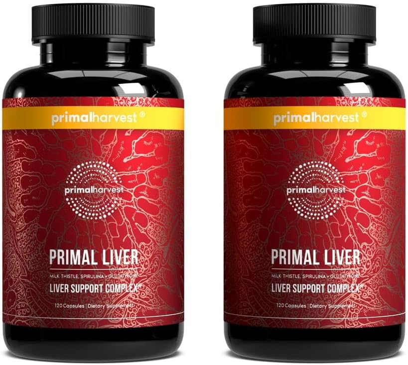 Primal Harvest Primal Liver 2 Pack, Liver Supplement with, Alpha-Lipoic Acid, L-Cysteine HCL, L-Glutathione, Milk Thistle, and Spirulina, for Men and Women, 240 Capsules (2)