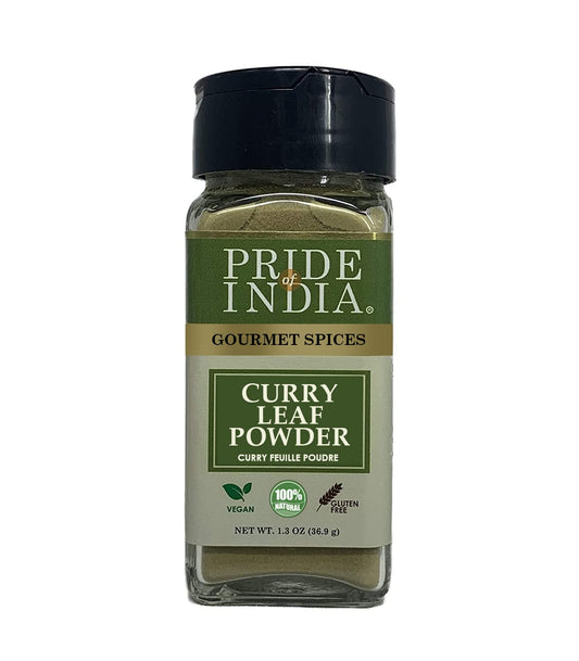 Pride of India – Curry Leaf Ground – Fresh Aroma/Distinct taste – No GMO/No Artificial Color – Traditional Indian Spice – Easy to Use – 1.3 oz. Small Dual Sifter Bottle