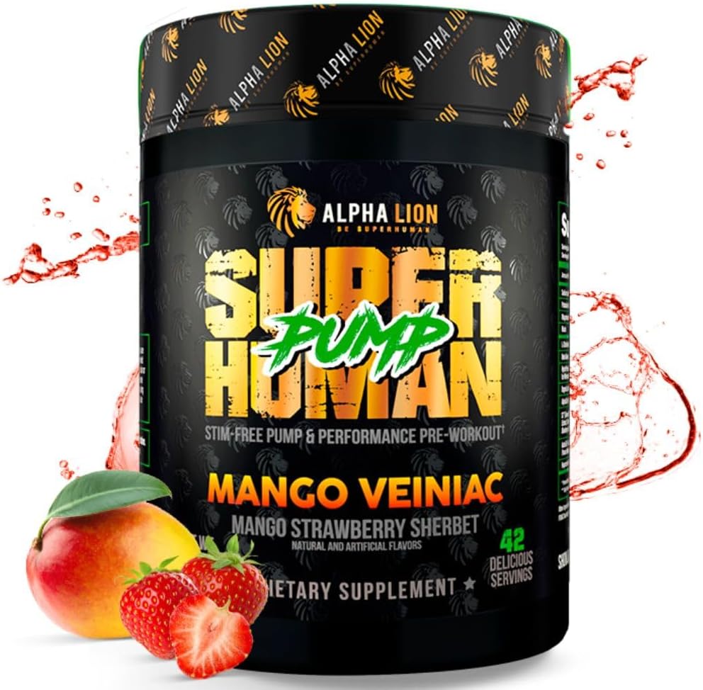 ALPHA LION Superhuman Pump Pre Workout Powder, Nootropic Caffeine & Stim Free Preworkout Supplement, Nitric Oxide Booster, Muscle Gainer, Energy & Focus (42 Servings, Mango Veiniac Flavor)