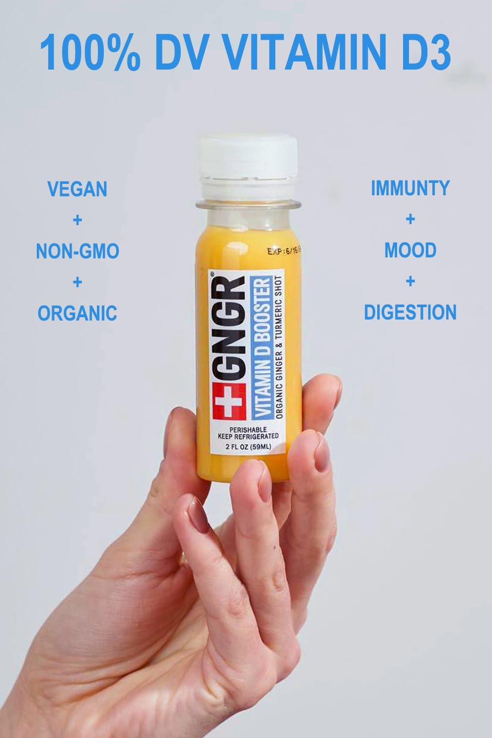 +GNGR Vitamin D Booster – Tropical Immunity Booster Edition Cold-Pressed Ginger Shot with Pineapple, Passion Fruit, Orange, Turmeric & Vitamin D3. Mood, Immunity & Energy. 2 fl oz (Pack of 12)