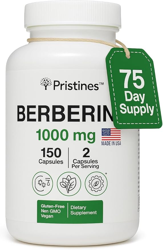 PRISTINE'S Berberine Supplement Capsules - 1000 MG 75 Day Supply 150 Capsules - Heart, & Immunity Health Support Antioxidant - Digestive Tract & Healthy Gut Flora Support