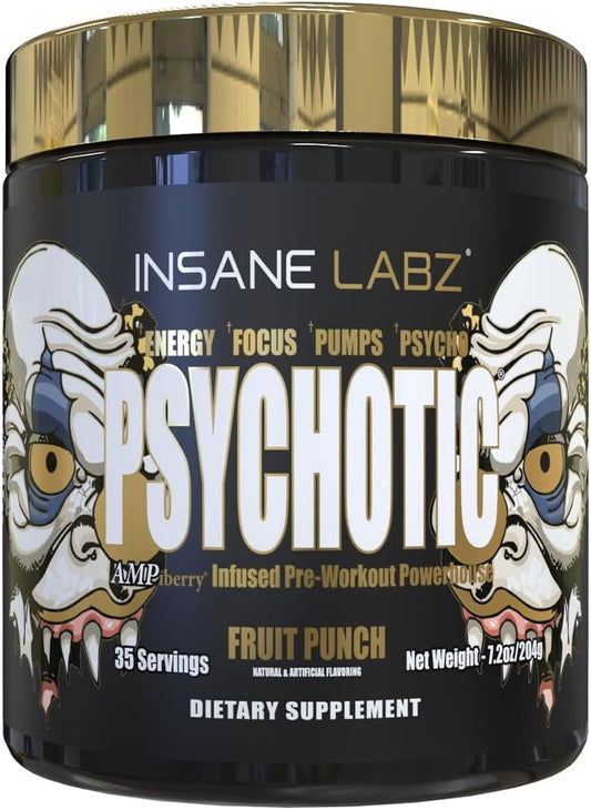 Insane Labz Psychotic Gold, High Stimulant Pre Workout Powder, Extreme Lasting Energy Focus, Pumps and Endurance with Beta Alanine, DMAE Bitartrate, NO Booster (35 Servings, Fruit Punch)