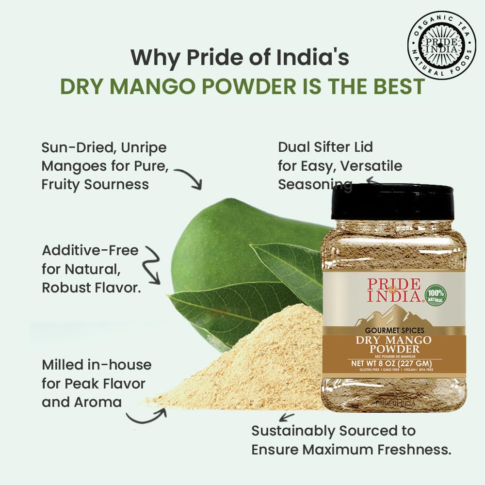 Pride Of India - PACK of 6 - Dry Mango Powder 8 oz (226.79 gm) Medium Dual Sifter Jar | Amchur for Flavor and Taste | Gourmet Indian Spice | No Fillers or Artificial Colorants | Easy to Store