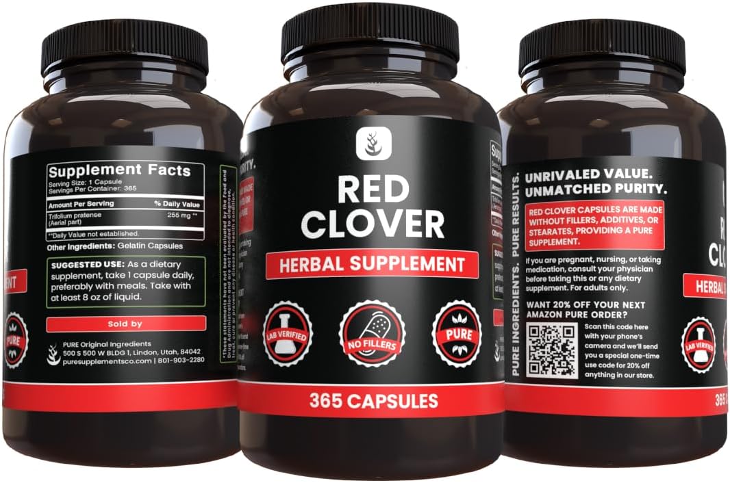 PURE ORIGINAL INGREDIENTS Red Clover (365 Capsules) No Magnesium Or Rice Fillers, Always Pure, Lab Verified