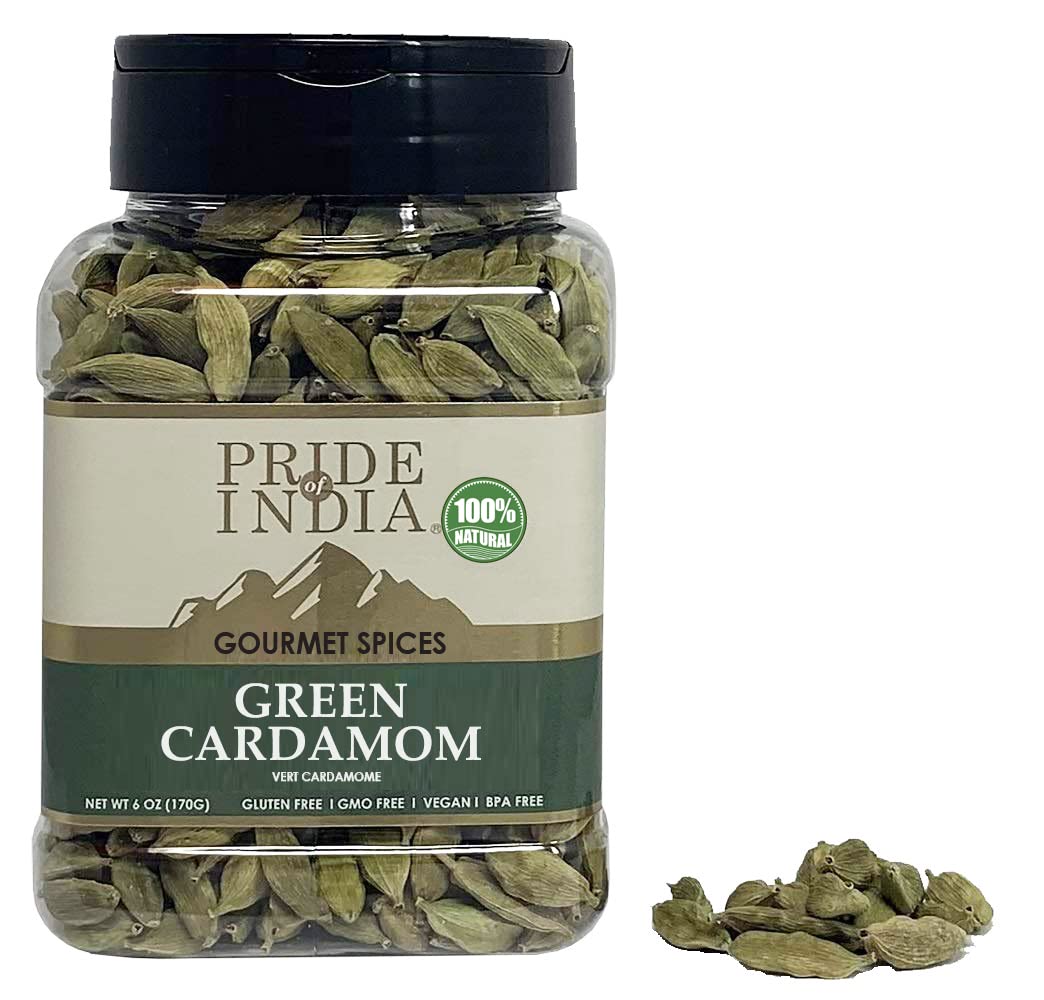 Pride of India - PACK of 6 - Green Cardamom Whole – Gourmet & Aromatic Spice – Flavoring agent for bakes/teas/drinks & more – Full Bodied Green Pods – 6 oz. Medium Dual Sifter Jar