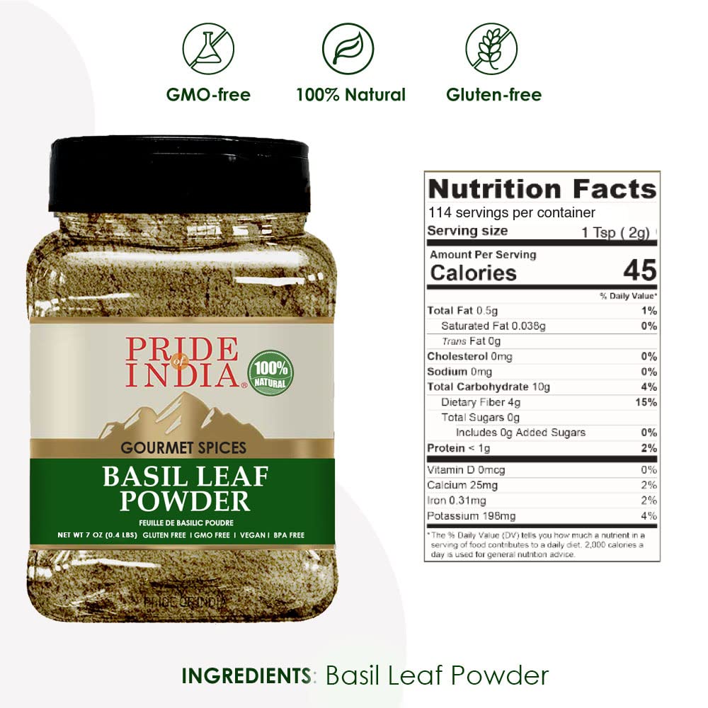 Pride of India Basil Powder | Dried Basil Leaves | Gourmet Culinary Basil Spice | Aromatic Dry Basil for Pesto/Stews/Curries | No Additives & Easy to Store | Medium Dual Sifter Jar - 7 oz