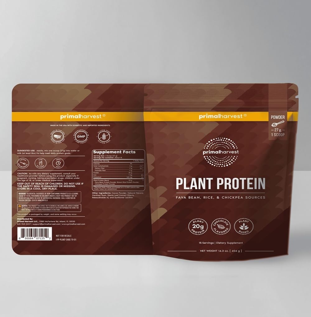 Primal Harvest Vegan Protein Powder for Nutritional Weight Support 20g Plant-Based Protein Per Serving from Fava Beans Chickpeas & Rice Chocolate Flavor 405g Gluten-Free Soy-Free No Added Sugar