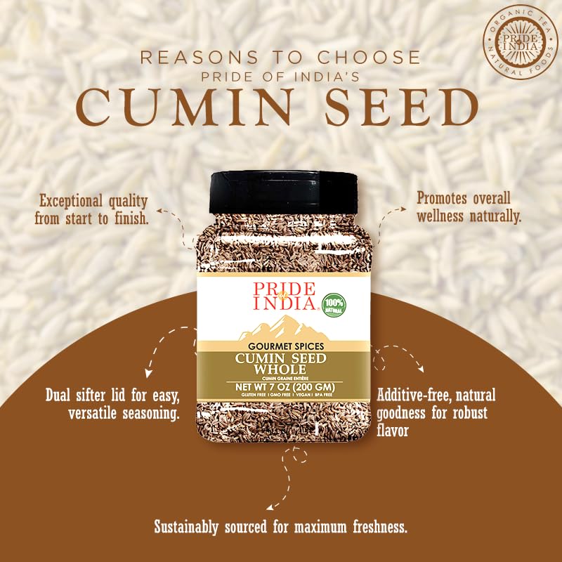 Pride of India - PACK of 6 - Cumin Seed Whole – Gourmet Indian Spice – Excellent for Culinary Uses – Fresh and Quality Seeds – Adds Flavor & Aroma - Easy to Store – 8 oz. Medium Dual Sifter Bottle