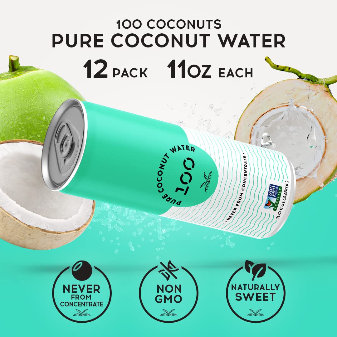 100 Coconuts - 100% Pure Coconut Water - Low Calorie All-Natural Drink with Electrolytes - Naturally Sweet, no preservatives - Non-GMO, 11 fl oz, Pack of 12 (Pure Coconut Water)