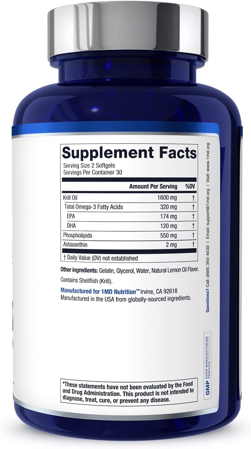 1MD Nutrition KrillMD - Antarctic Krill Oil Omega 3 Supplement with Astaxanthin, EPA, DHA | 2X More Effective Than Fish Oil | 60 Softgels