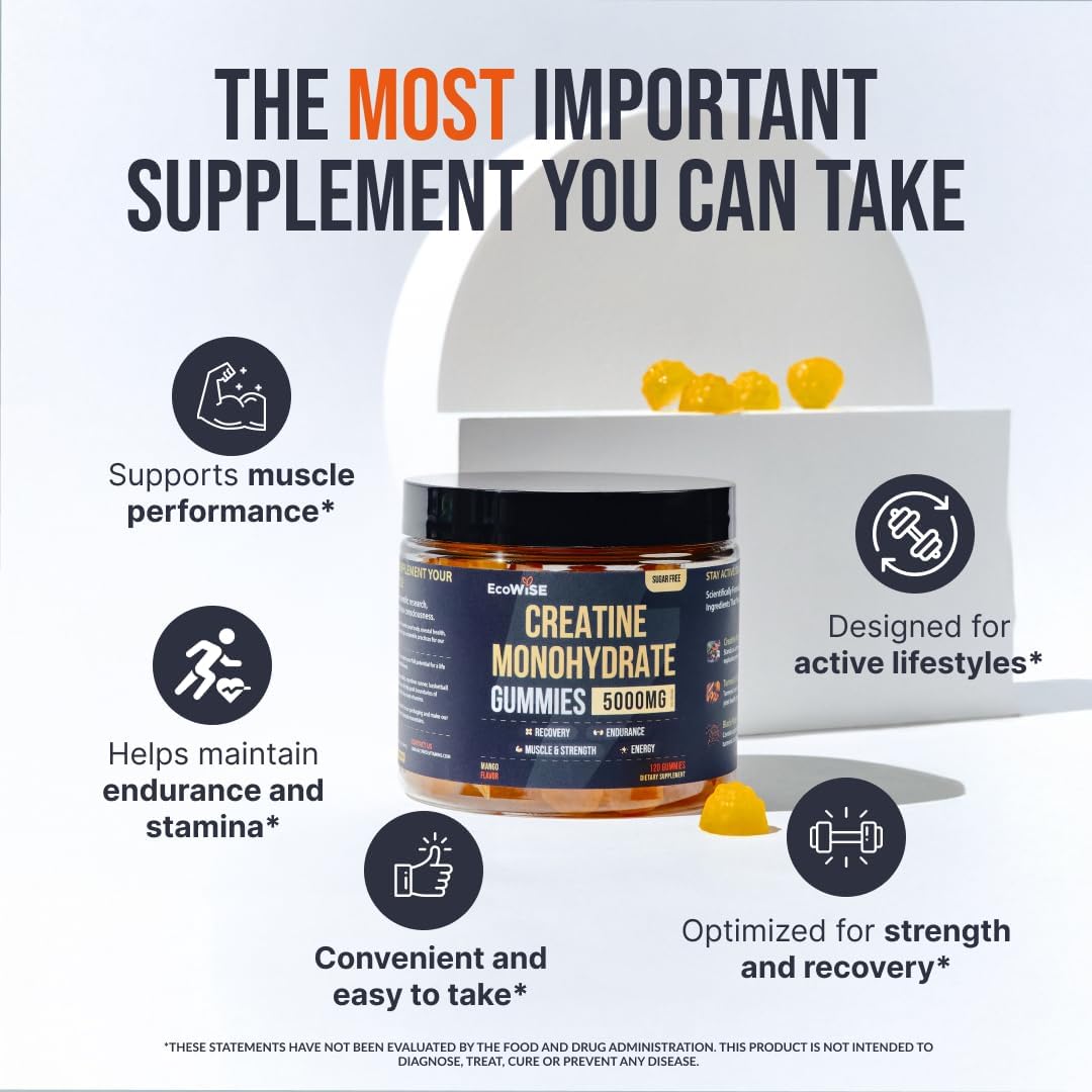 2 Pack Creatine Monohydrate Gummies 5000 mg, Fresh Mango Flavor, 120 Sugar-Free Vegan Chews, Creatine Supplement for Daily Routine