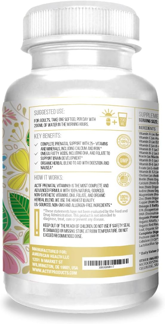 Actif Organic Prenatal Vitamin with 25+ Organic Vitamins, 100% Natural, DHA, EPA, Omega 3, and Organic Herbal Blend - Non-GMO, 90 Count