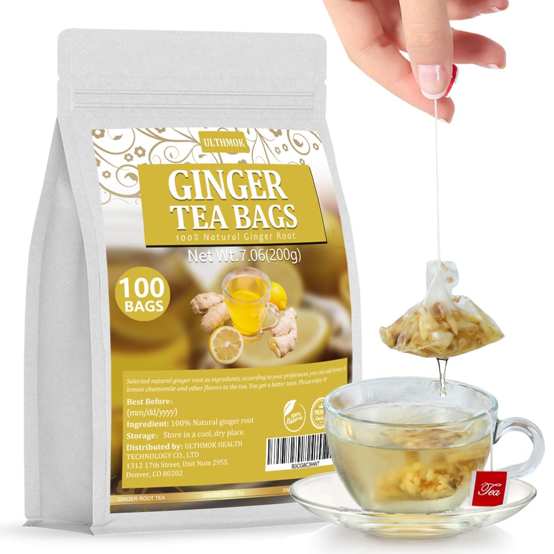 100 Premium Ginger Tea Bags/7.06 Oz, Made with 100% Natural Ginger Root, Warm & Spicy, Support Digestion & Boost Immunity, No Additives & Caffeine Free.