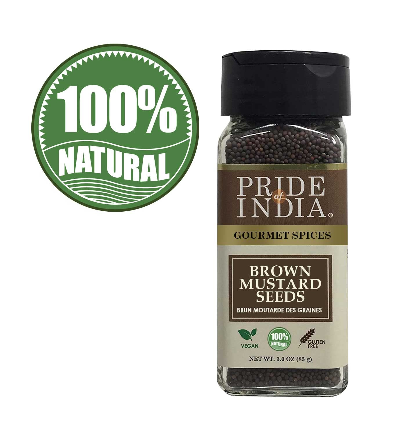 Pride of India – Brown Mustard Seed Whole – Gourmet Indian Spice – Hot & Spicy Flavor – Ideal seasoning for sauces/dips/spice blends – Easy to Use – 2.5 oz. Small Dual Sifter Bottle