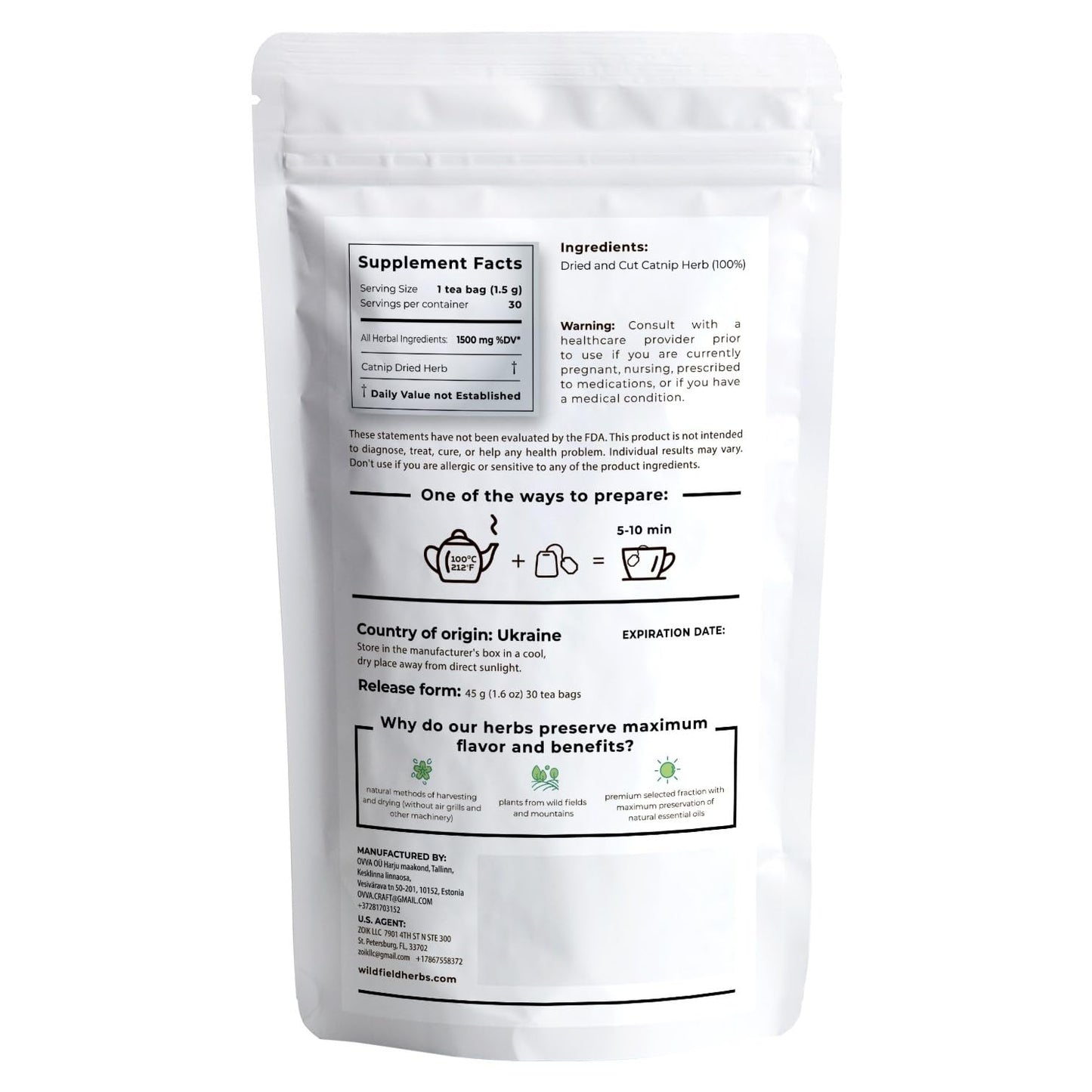 30 Bags Catnip Tea Catnip Herb Tea (Nepeta L.) - 30 Count 1.5g Bags Cat Nip Leaf Herb Hierba Gatera