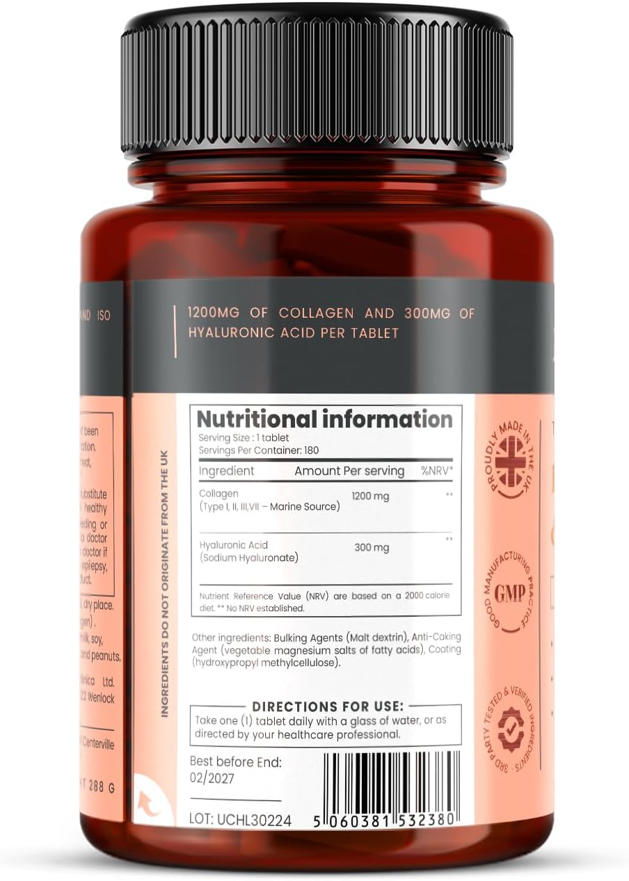 1500mg x 1080 Tablets. 1200mg of UltraColl Collagen & 300mg of Hyaluronic Acid per Tablet. (6 Bottles of 180 Tablets Each - 18 Months Supply)