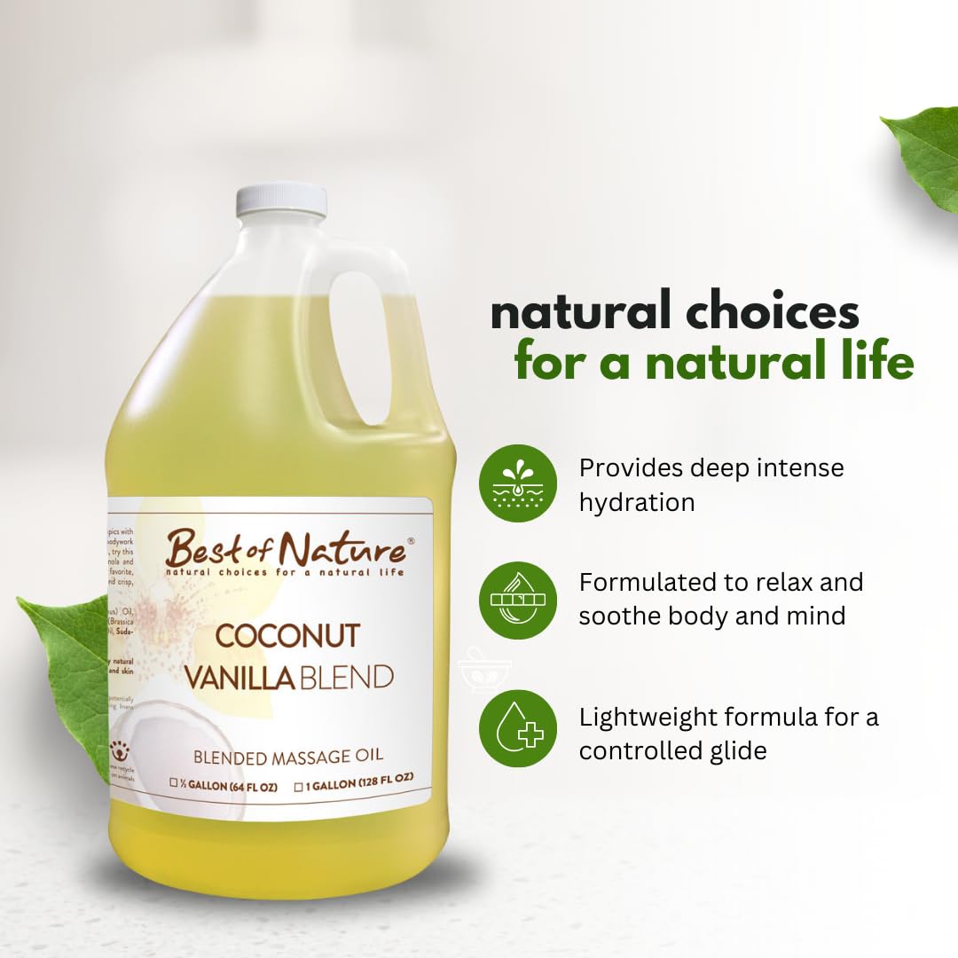 Best of Nature Coconut Vanilla Aromatherapy Massage Oil - Luxurious Blend with Coconut & Vanilla, Perfect for Spa Use, Relaxing Massage & Skin Hydration, Silky & Lightweight - 8 fl oz