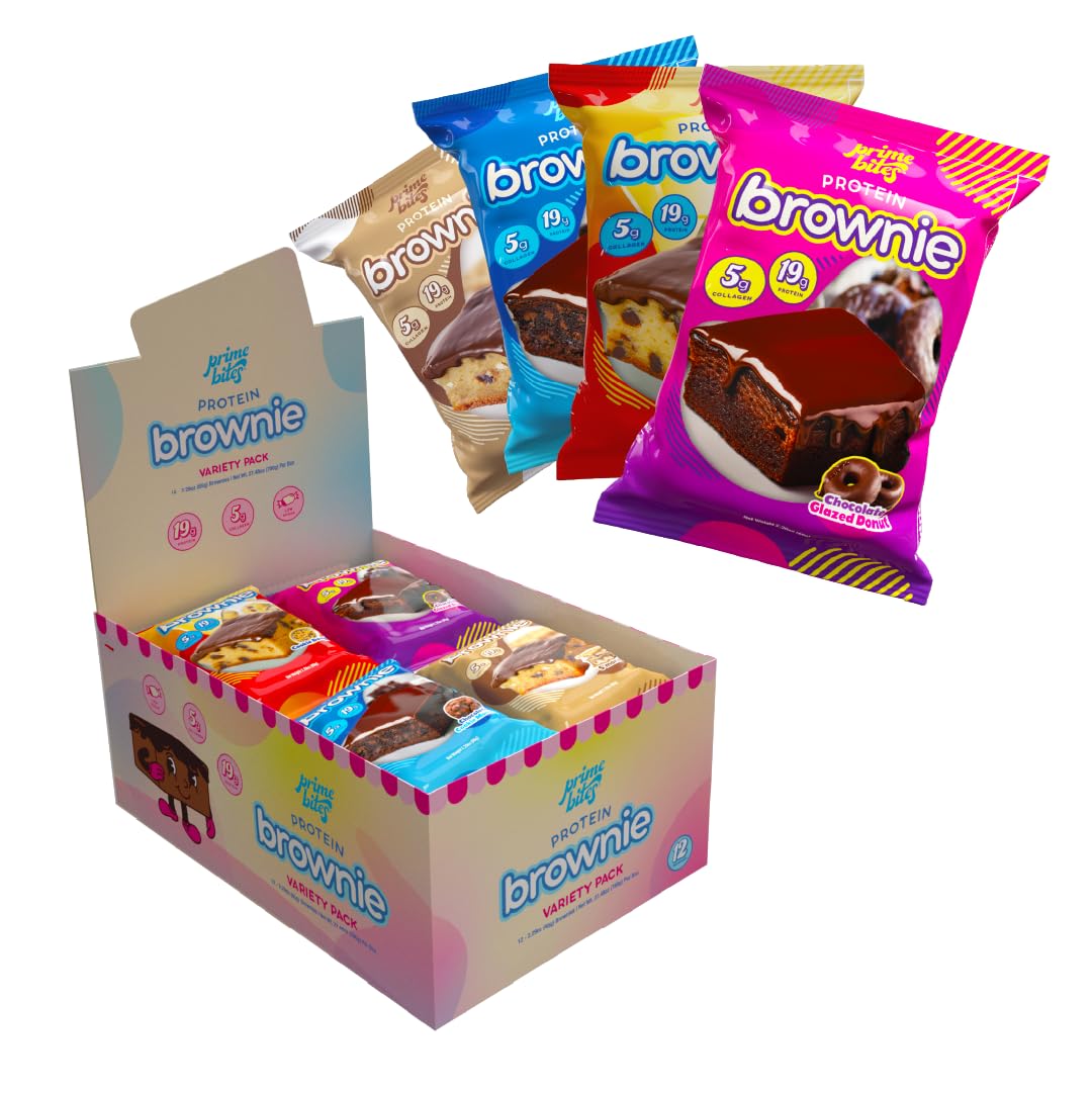 Prime Bites Protein Brownie from Alpha Prime Supplements | High Protein, Collagen Fortified Low Sugar Treat | Delicious Snack | 12 Bars per Box (Chocolate Flavors Variety)