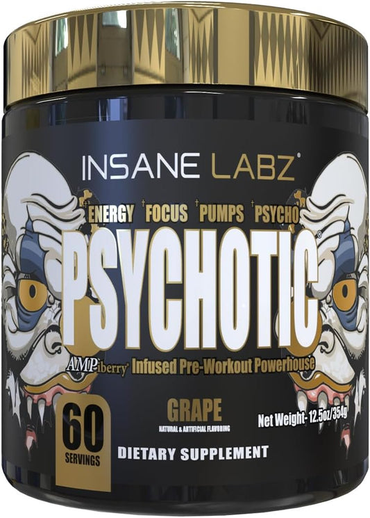 Insane Labz Psychotic Gold, High Stimulant Pre Workout Powder, Extreme Lasting Energy, Pumps and Endurance with Beta Alanine, DMAE Bitartrate, NO Booster (60 Servings, Grape)