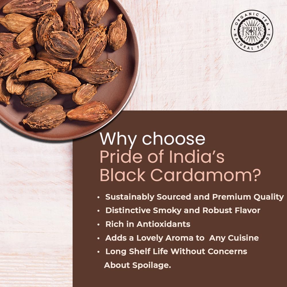 Pride of India – Black Cardamom Whole 5 oz (142 gm) – Cardamom Pods – Firm & Smoky Flavor – Freshly Dried – Ideal for Indian & Asian Cooking – Easy to Use – Medium Dual Sifter Bottle