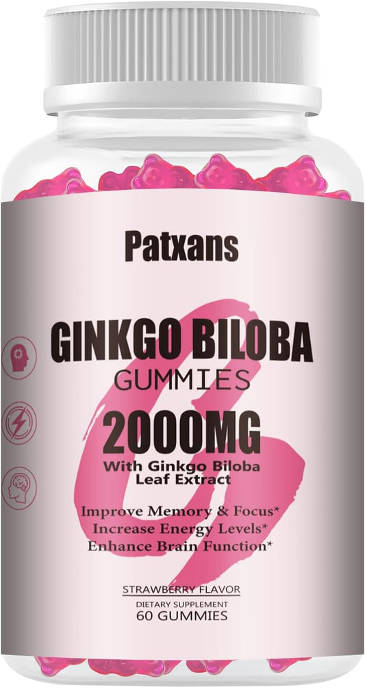 1 Pack 2000mg Ginkgo Biloba Gummies - Ginkgo Biloba Supplements for Brain Health Support, Improve Mood and Focus, Energy, Adult, Strawberry Flavor, 60 Count