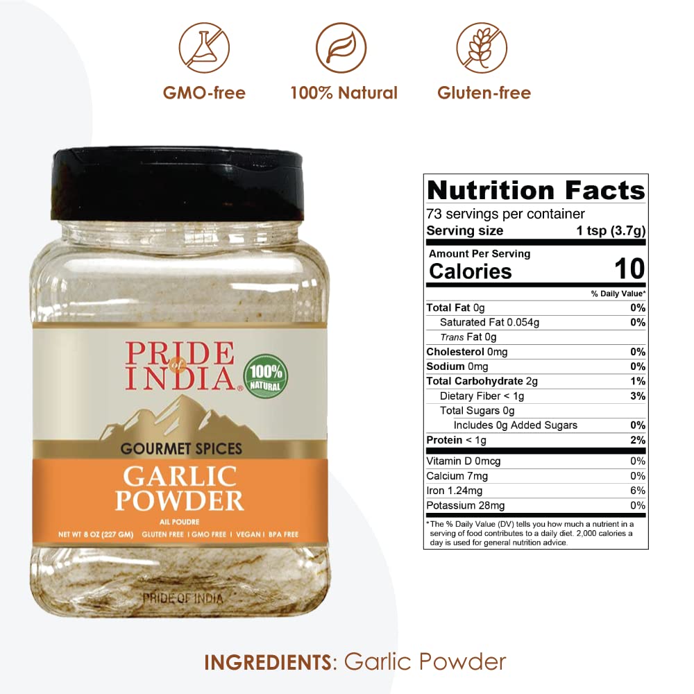 Pride of India – Garlic Fine Ground – Gourmet & Culinary Grade – Classic Seasoning to Pasta/Sauces/Dips/Bakes – Easy to Store – 8 oz. Medium Dual Sifter Bottle