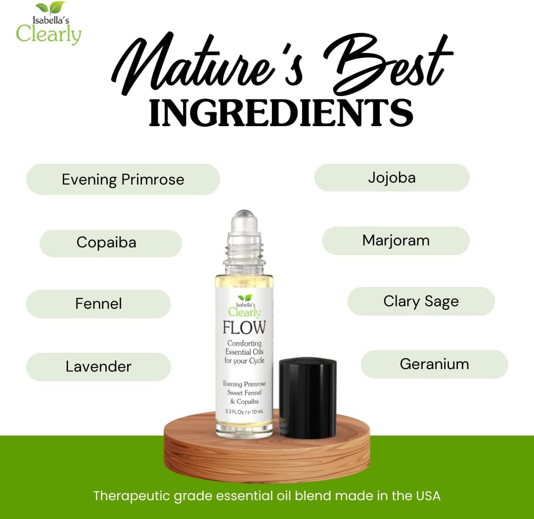 Flow Essential Oil Roll On for Women | Natural Aromatherapy Blend for PMS Support, Balance, Mood, and Comfort with Evening Primrose, Clary Sage, Copaiba, Fennel