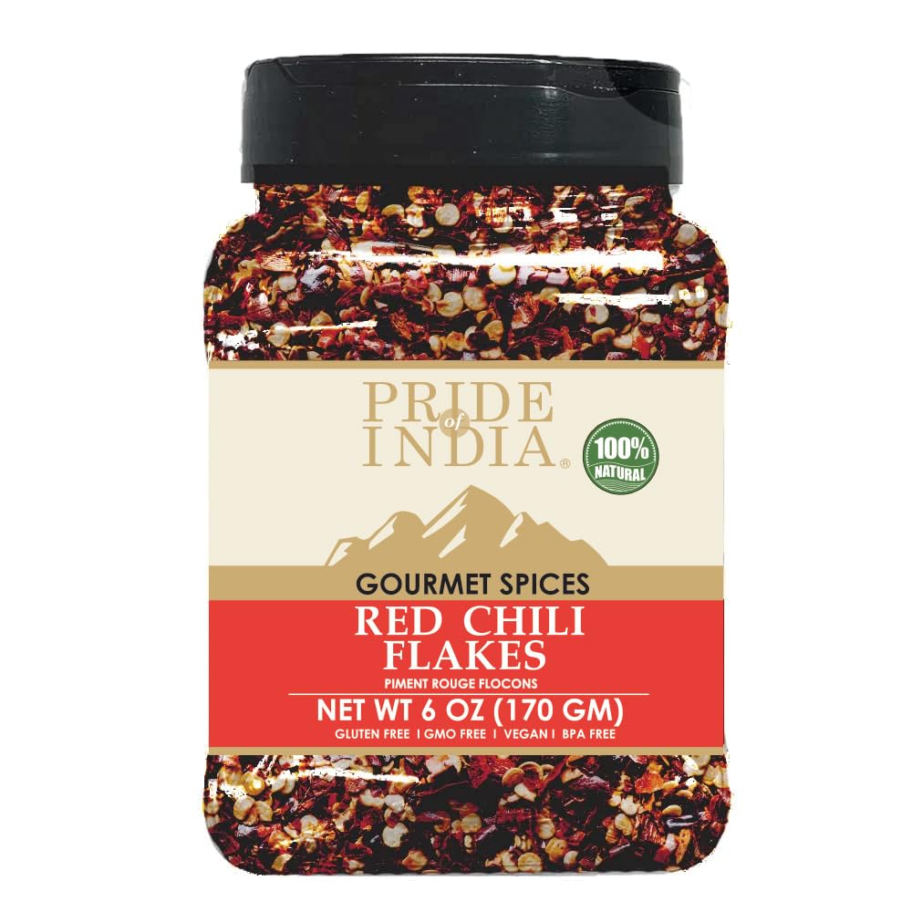 Pride Of India – Red Chili Flakes – Gourmet Spice/Culinary Must Have – Pleasant Heat/Distinct Flavor & Aroma – Sprinkle onto Pizza/Pasta/Flatbread – Easy to Store – 6 oz. Medium Dual Sifter Jar
