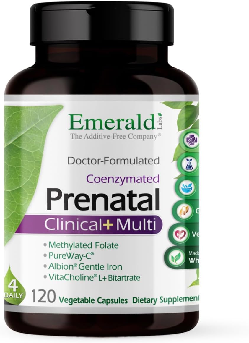 EMERALD LABS Prenatal Clinical Multi - Prenatal Multivitamin with Methylfolate, Albion Chelated Gentle Iron, Whole-Food Ingredients & More - Soy & Gluten-Free - 120 Vegetable Capsules (30-Day Supply)
