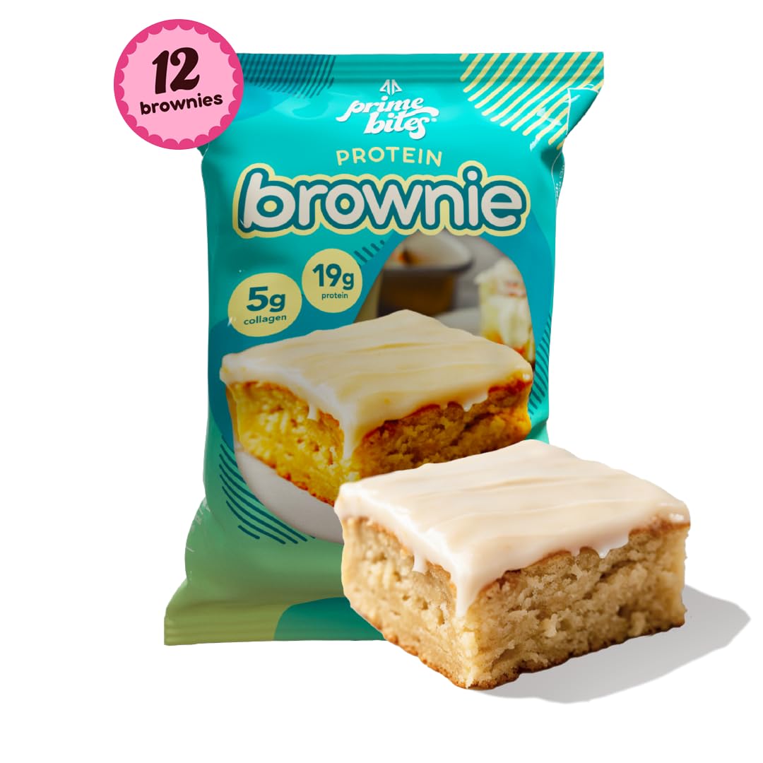 Prime Bites Protein Brownie from Alpha Prime Supplements | High Protein, Collagen Fortified Low Sugar Treat | Delicious Snack | 12 Bars per Box (Glazed Cinnamon Roll)