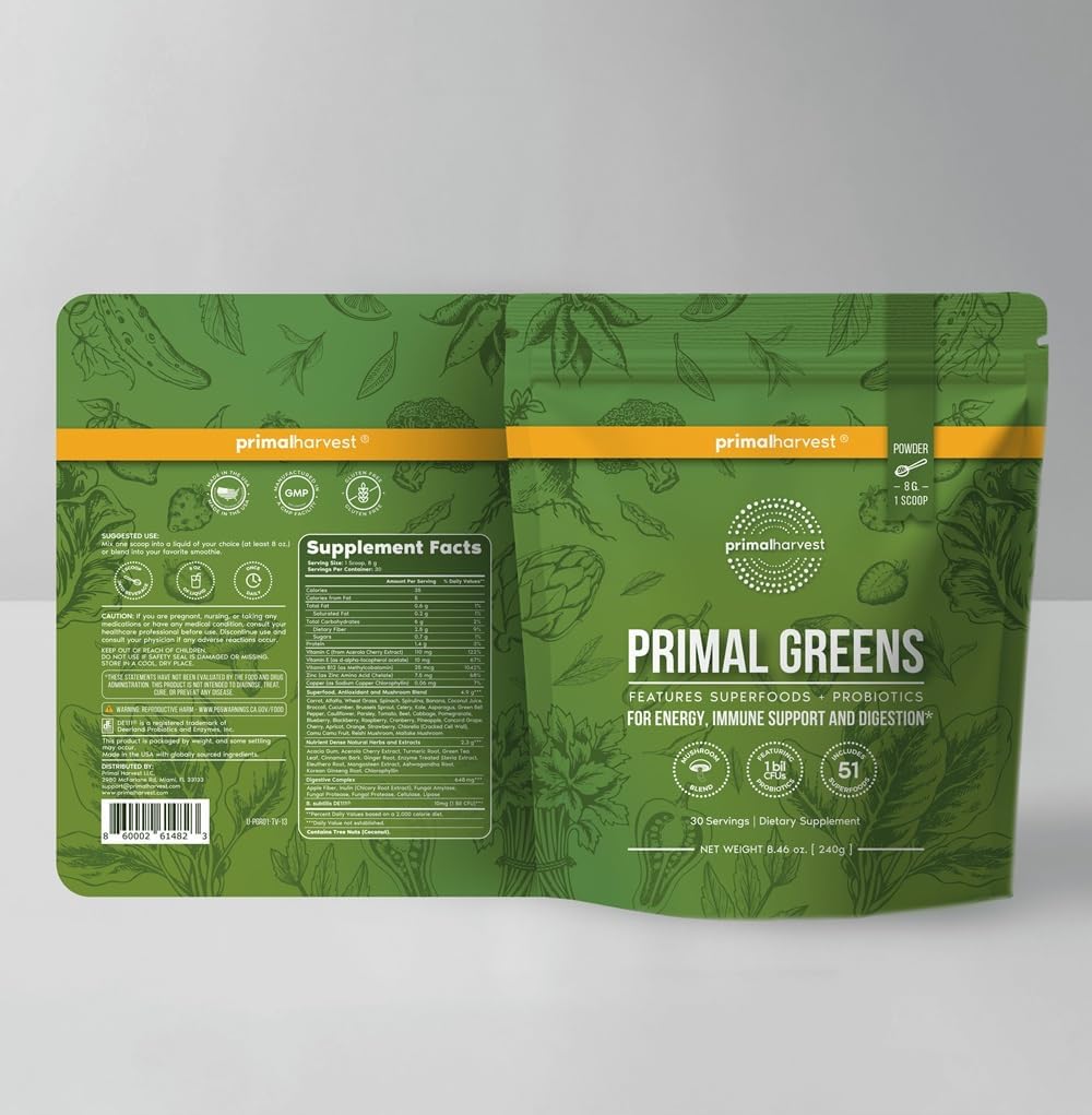 Primal Harvest Primal Greens Powder, 30 Servings Once Daily Supergeens Nutritional Supplement with Spirulina, Mushroom Blend & Probiotics to Support Energy, Wellness, & Digestion