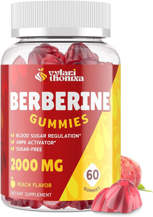 2000mg Berberine Supplement Gummies - High Potency Berberine with Ceylon Cinnamon Candy, Turmeric, Magnesium, Chromium - Sugar Free, Vegan, Non-GMO, Gluten-Free - Peach Flavor 60 Gummies - 1 Pack