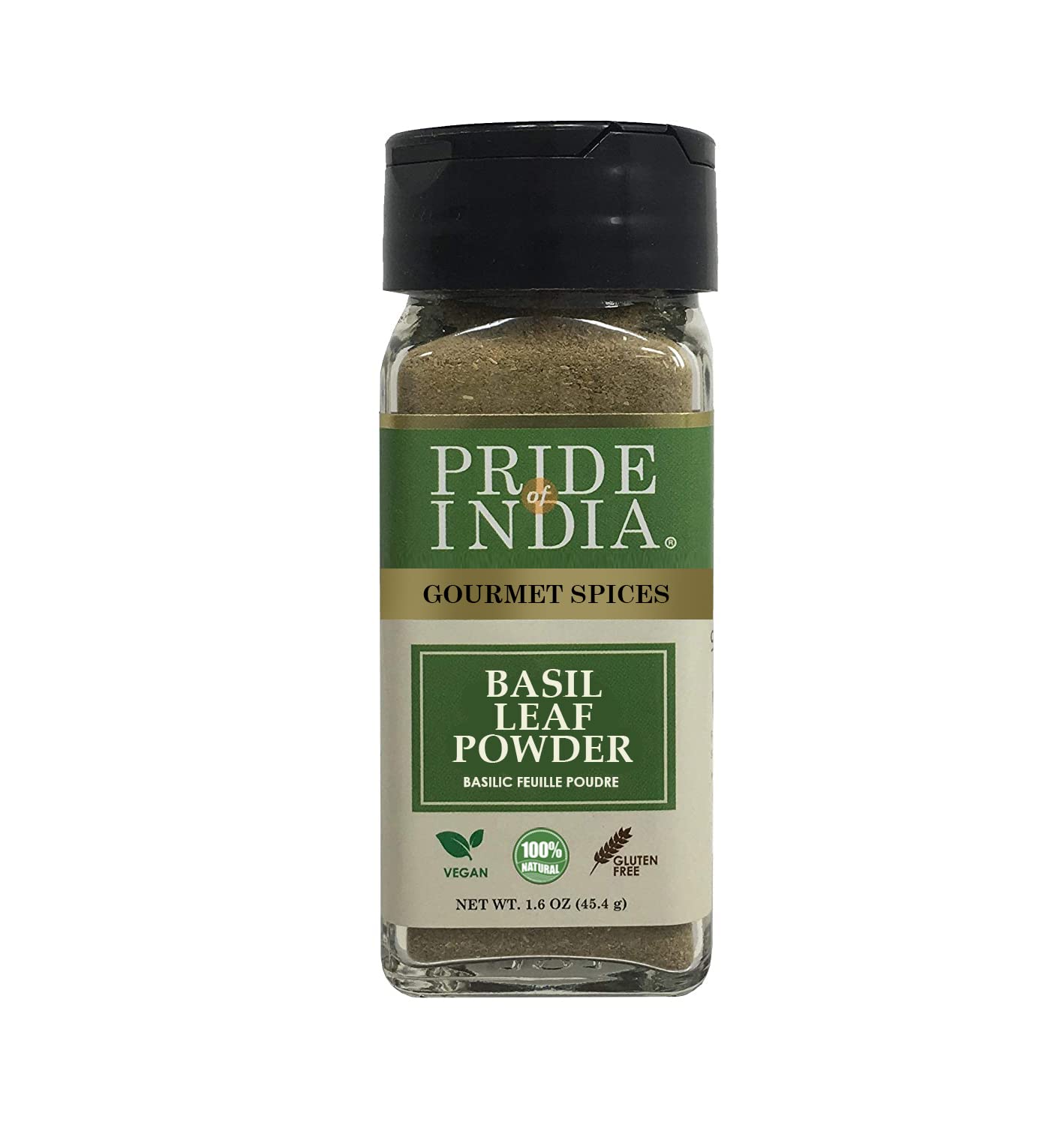 Pride of India Basil Leaf Powder | Gourmet Dried Basil Culinary Herb | Mediterranean Seasoning for Pesto, Stews & Curries | Tulsi Powder | Easy to Use | Small Dual Sifter Jar 1.6 oz