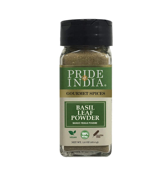 Pride of India Basil Leaf Powder | Gourmet Dried Basil Culinary Herb | Mediterranean Seasoning for Pesto, Stews & Curries | Tulsi Powder | Easy to Use | Small Dual Sifter Jar 1.6 oz