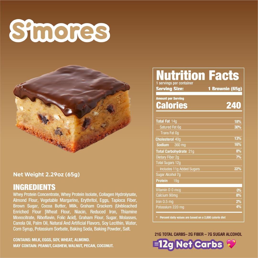 Prime Bites Protein Brownie from Alpha Prime Supplements | High Protein, Collagen Fortified Low Sugar Treat | Delicious Snack | 12 Bars per Box (S'mores)