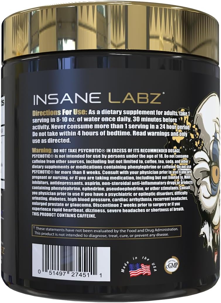 Insane Labz Psychotic Gold, High Stimulant Pre Workout Powder, Extreme Lasting Energy Focus, Pumps and Endurance with Beta Alanine, DMAE Bitartrate, NO Booster (35 Servings, Watermelon)