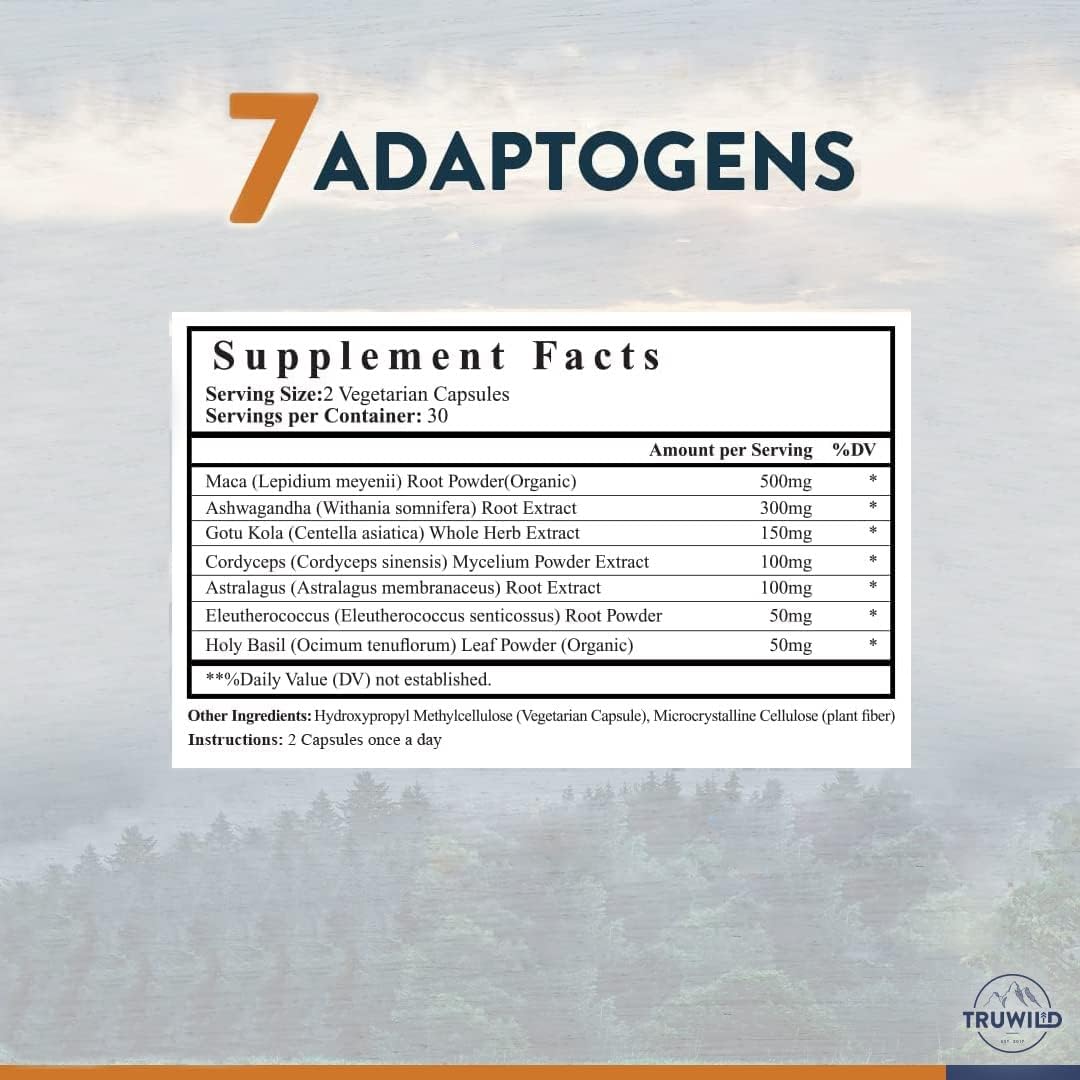 TruWild Adaptogens Vegan Capsule Supplement w/Ashwagandha + Maca w/Full Spectrum Mushrooms – All Natural – 40 Servings