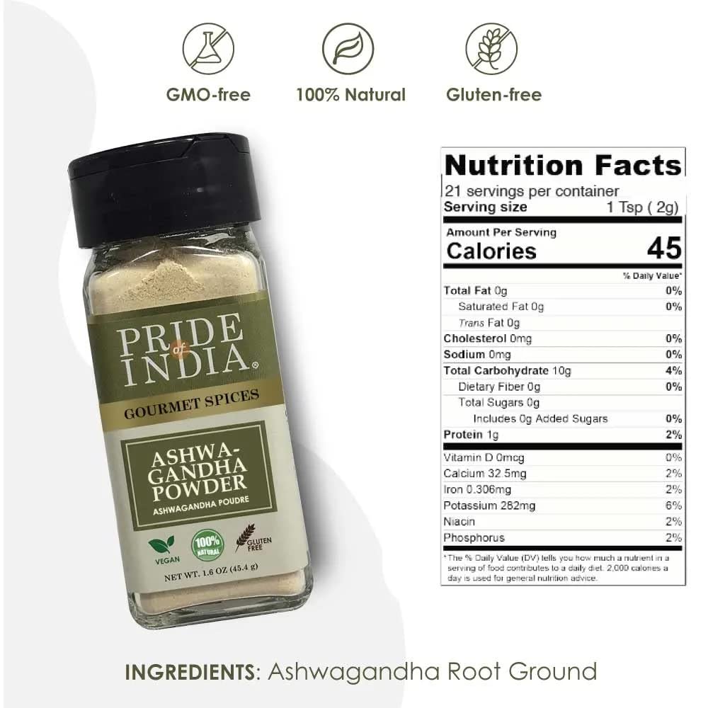 Pride of India – Natural Ashwagandha Root Ground – Health Benefits – Good for Energy Level/Body Functions – No Gluten/Additives – Easy To Use – 1.6 oz. Small Dual Sifter Jar