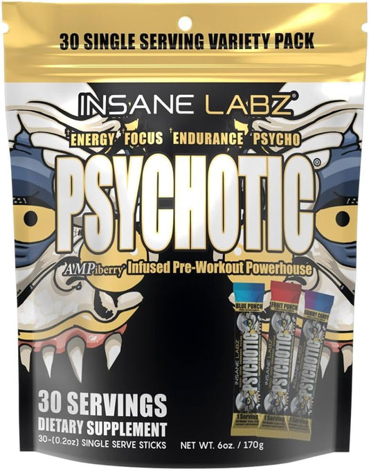 Insane Labz Psychotic Gold, High Stimulant Pre Workout Powder, Extreme Lasting Energy Focus, Pumps and Endurance with Beta Alanine, DMAE Bitartrate, NO Booster (30 Servings, Variety)