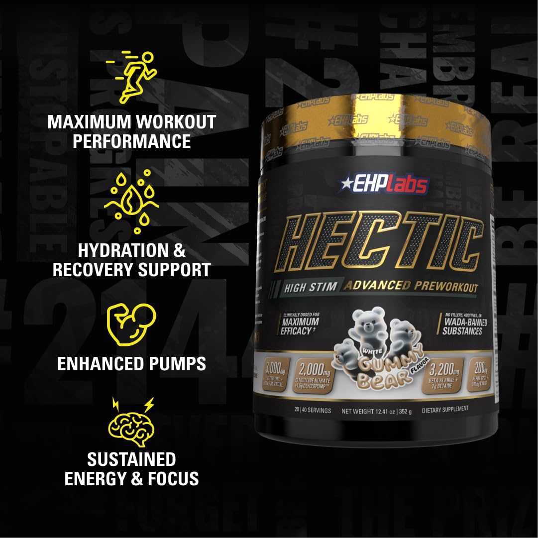 EHP Labs Hectic PreWorkout - High Stim Advanced Pre Workout Powder for Max Performance - Caffeine, Beta Alanine, Coconut Water - Energy, Pump, Recovery & Hydration - 40 Serves (White Gummy)