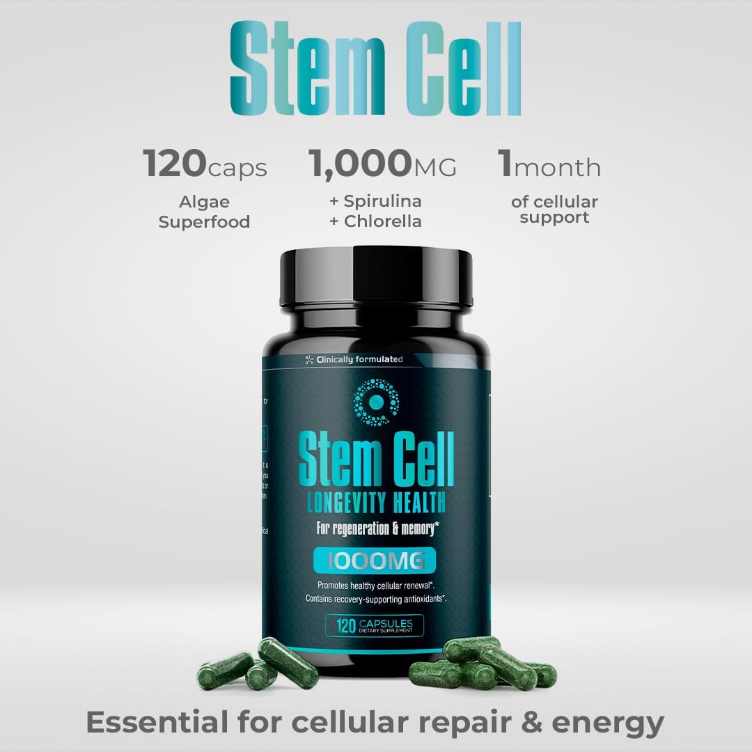 Premium Stem Cell Supplements 1,000mg (360 Caps) Boost Immunity, Reduce Joint Soreness, Support Natural Anti-Aging & Longevity with Spirulina & Chlorella for Vitality, Celulas Madre Health Formula