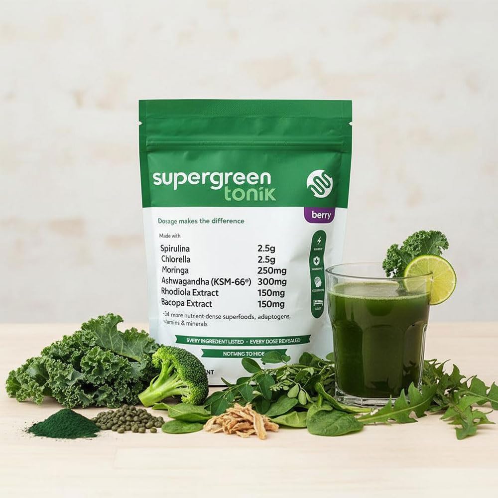 100% Natural Greens Superfood Powder – Daily Supplement with 40 Superfoods, Vitamins and Minerals – Supports Energy, Stress and Immunity – 30 Days 360 Grams Berry Flavor (1 Bag)