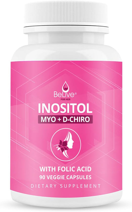 BeLive Myo-Inositol & D-Chiro Inositol Capsules - 90Ct I Inositol Supplement with Folic Acid Supplements for Woman, Optimal 40:1 Ratio (1)