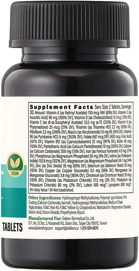 DAIKEN Mini Multivitamin, 60 Tablets, Enhanced with Lutein, Lycopene & Folic Acid, Time Released Multivitamin for Women & Men, Vegan & Easy to Swallow