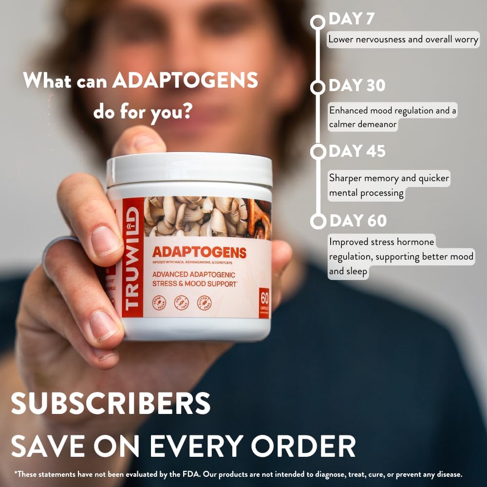 TruWild Adaptogen Blend with Cordyceps Maca Ashwagandha - Full Spectrum Mushroom Blend for Daily Support and Function, All Natural Formula with 7 Key Ingredients, 60 Capsules