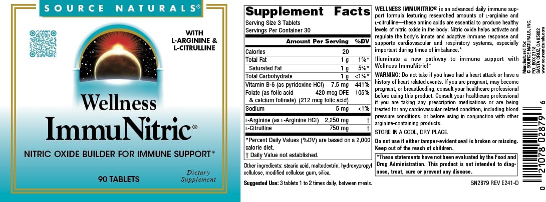 Source Naturals Wellness Immunitric, Nitric Oxide Builder for Immune System Support* - 90 Tablets
