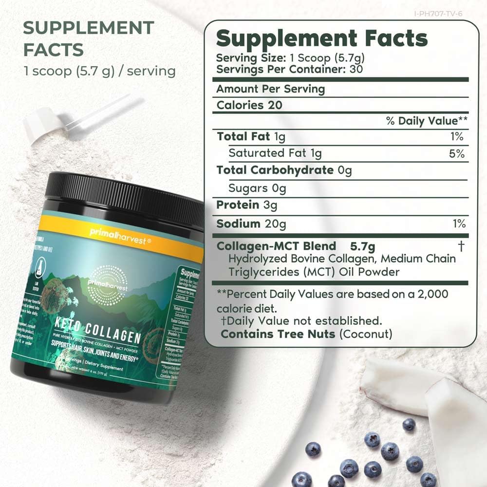 Primal Harvest Keto Collagen Powder with MCT Oil Hydrolyzed Collagen Peptides 10 oz Unflavored Paleo & Keto Friendly Protein Supplement