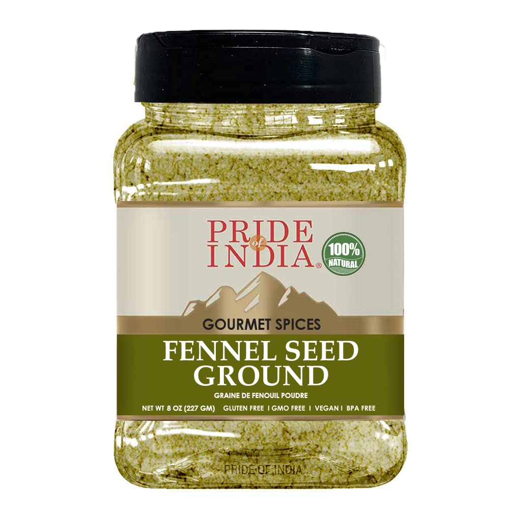 Pride Of India - PACK of 6 - Fennel Seed Ground – Natural & Gourmet Spice – Perfect Addition to Tea/Drinks/Roast/Rubs/Bakes/ - Cooling Properties – Easy to Store – 8 oz. Medium Dual Sifter Jar