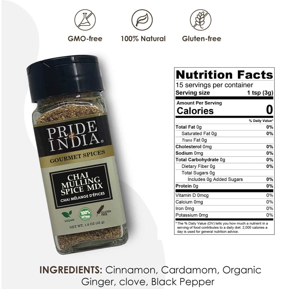 Pride of India – Chai Masala Mulling Spice Mix – Gourmet Spice Mix for Teas & Coffee – Caffeine Free – Authentic Mulling Spice Blend – 1.6 oz. Small Dual Sifter Bottle