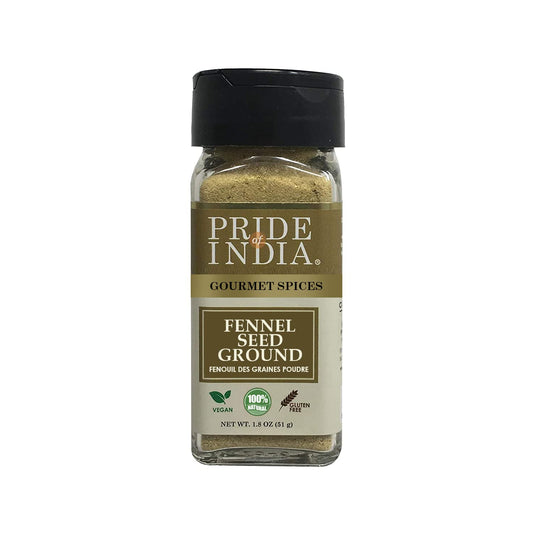 Pride of India – Fennel Seed Ground – Natural & Gourmet Spice – Perfect Addition to Tea/Drinks/Roast/Rubs/Bakes/ - Cooling Properties – Easy to Use – 1.8 oz. Small Dual Sifter Jar